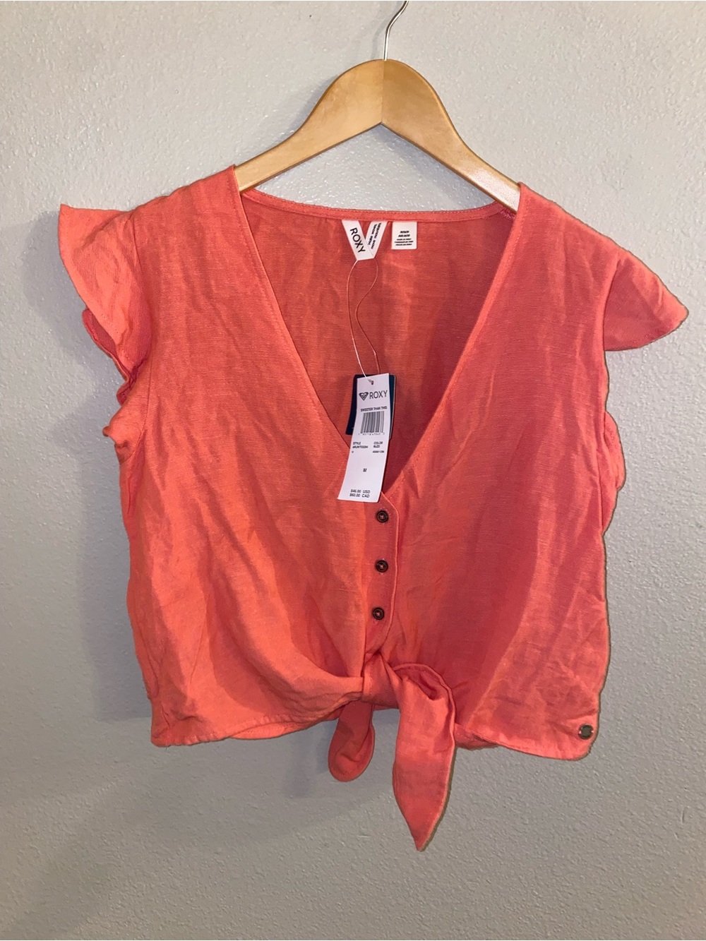 Roxy NWT Sweeter Than This Linen Blend Tie Front Crop Top Coral Orange M Coastal